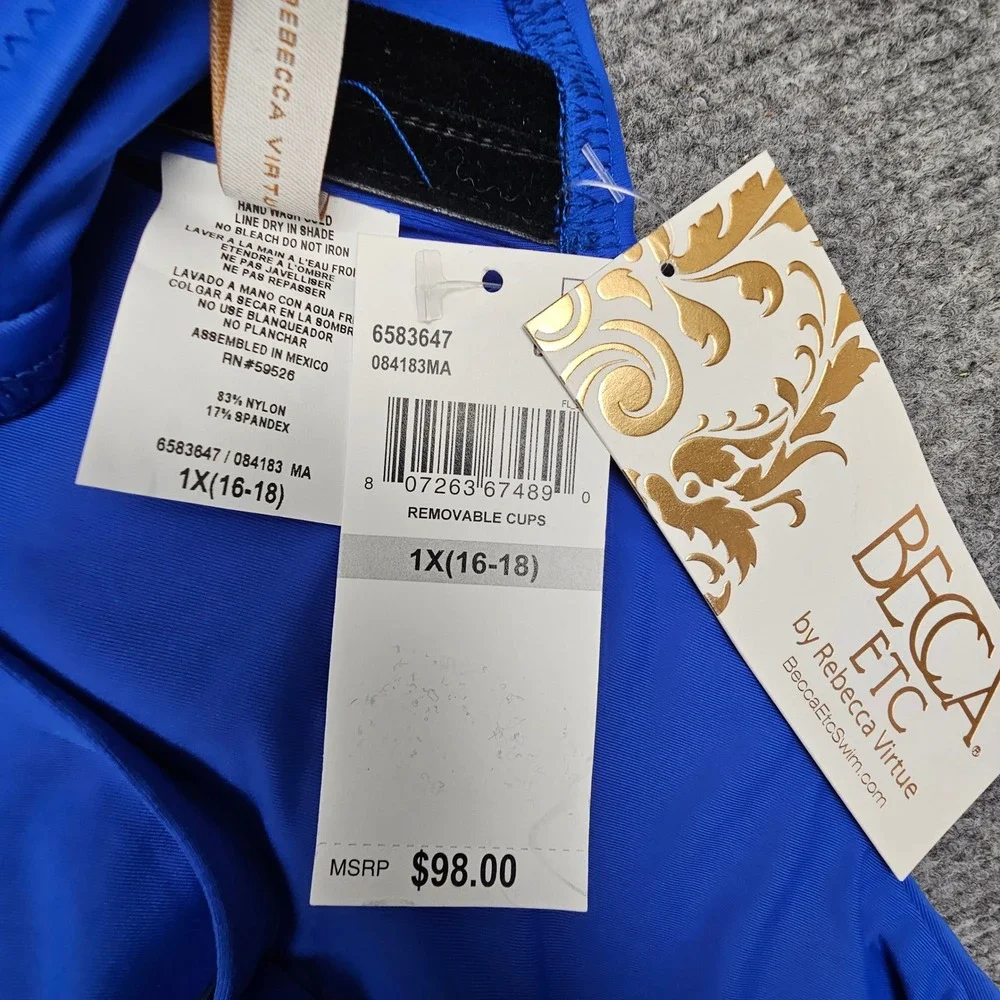 Becca ETC Tankini Top Womens 1X Blue Tie Front Swimsuit Swimwear NEW